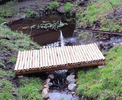 Bamboo poles used with rope to make a bridge over the pond in this